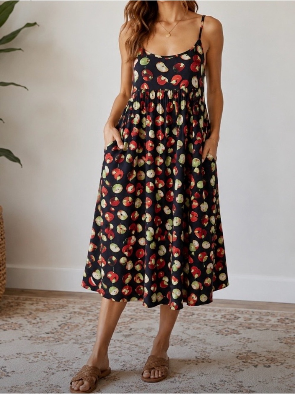 Vintage 90s Rare Apple Print Rayon Midi Dress w/ Pockets Made in USA Whimsical